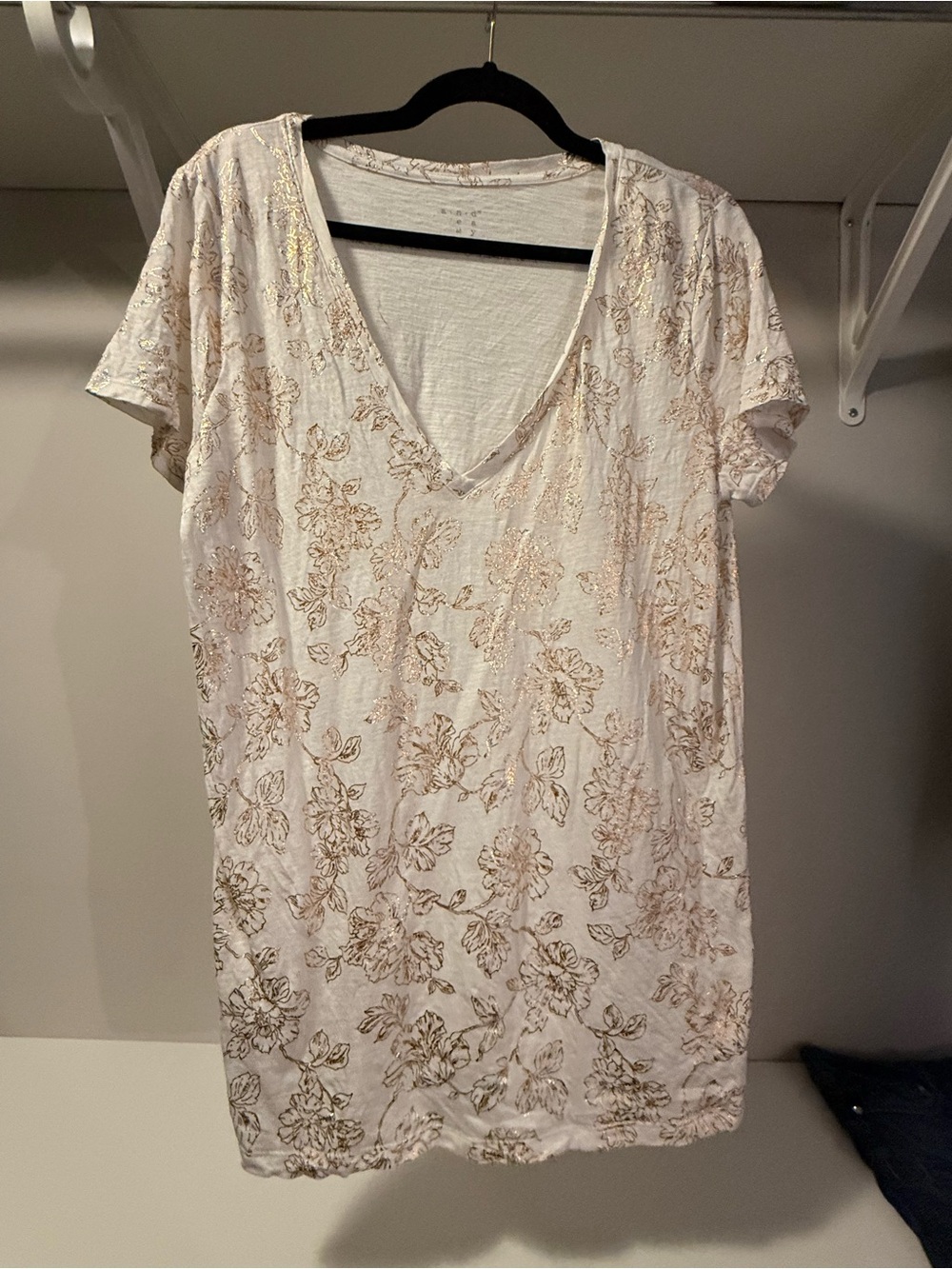 a new day White Short Sleeve V-Neck Tee with Gold Floral Print